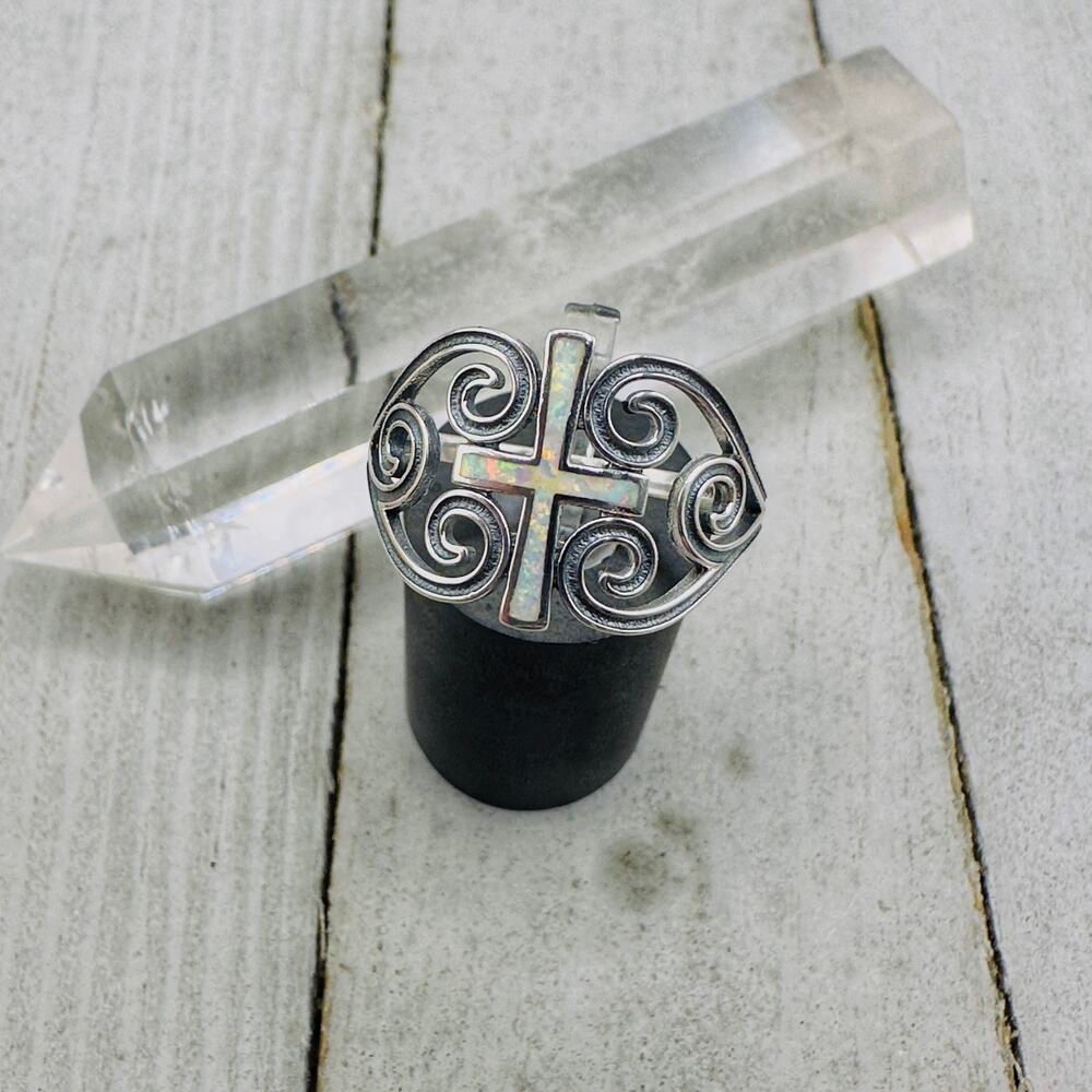Lab Opal Cross Sterling Silver Ring